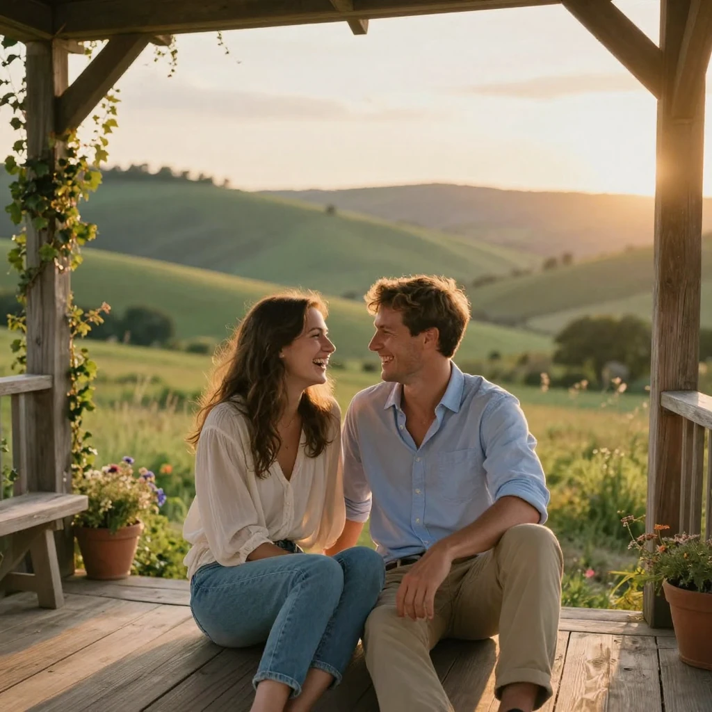 A young married couple sharing a quiet laugh together on a wooden porch overlooking rolling hills