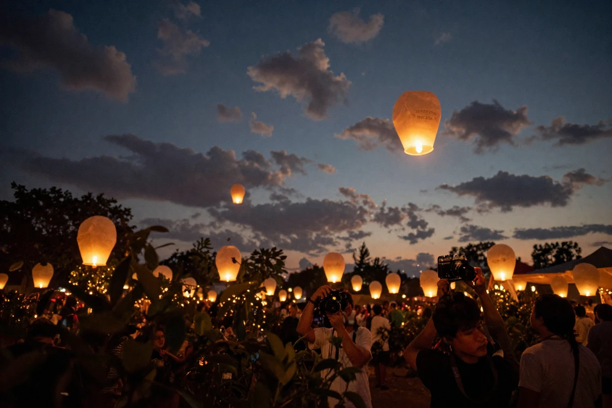 A vibrant lantern festival lighting up a night sky with floating lights, in low lamplight, under scattered clouds, during the long days of summer, dominated by warm amber and rust tones, peering through foliage in the foreground.