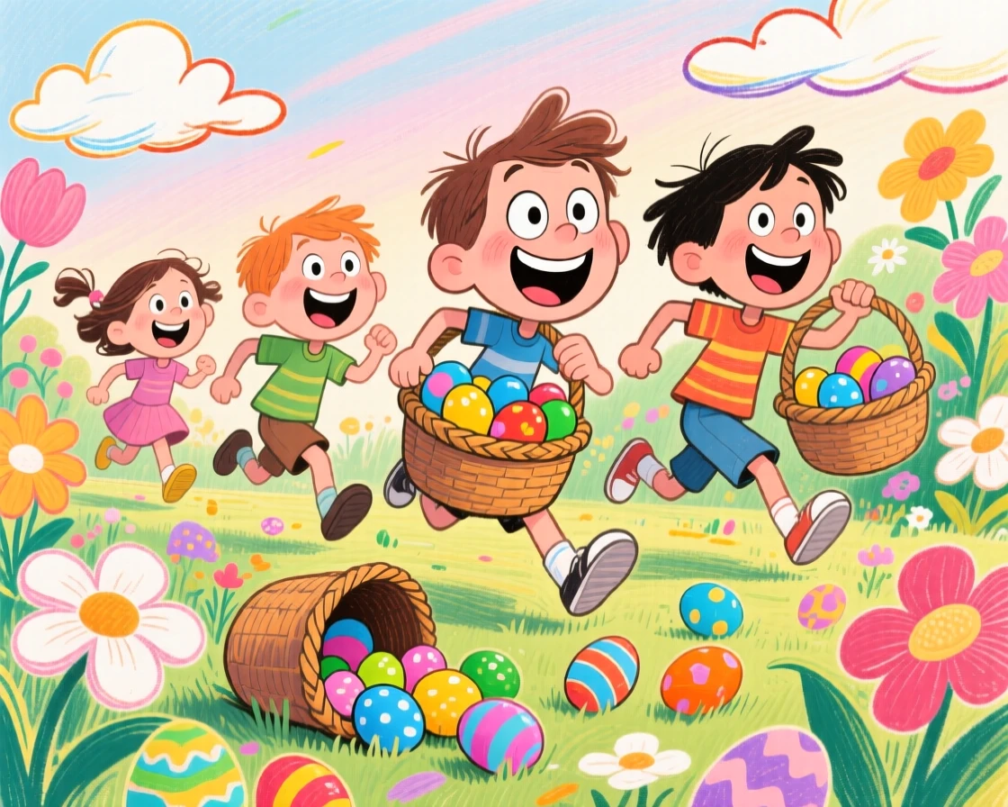 Children racing to find eggs in a garden on Easter morning, baskets overflowing.