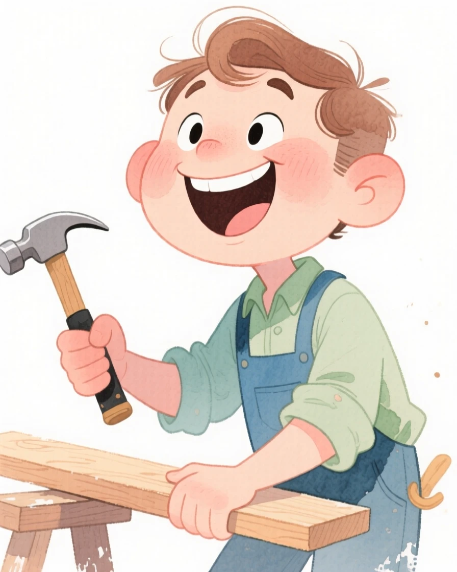 A carpenter laughing mid-task with genuine warmth