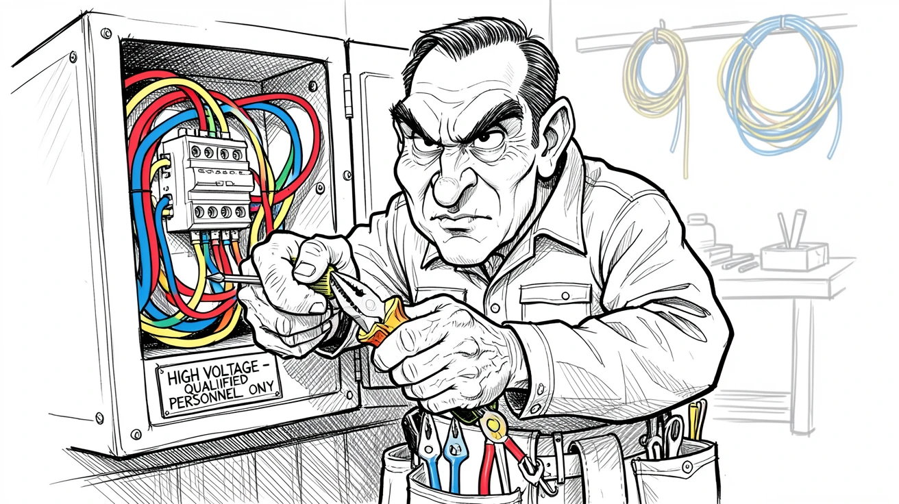 [Occupations & Hobbies] Detailed scene of a skilled electrician wiring a panel with careful precision, showcasing skill and dedication