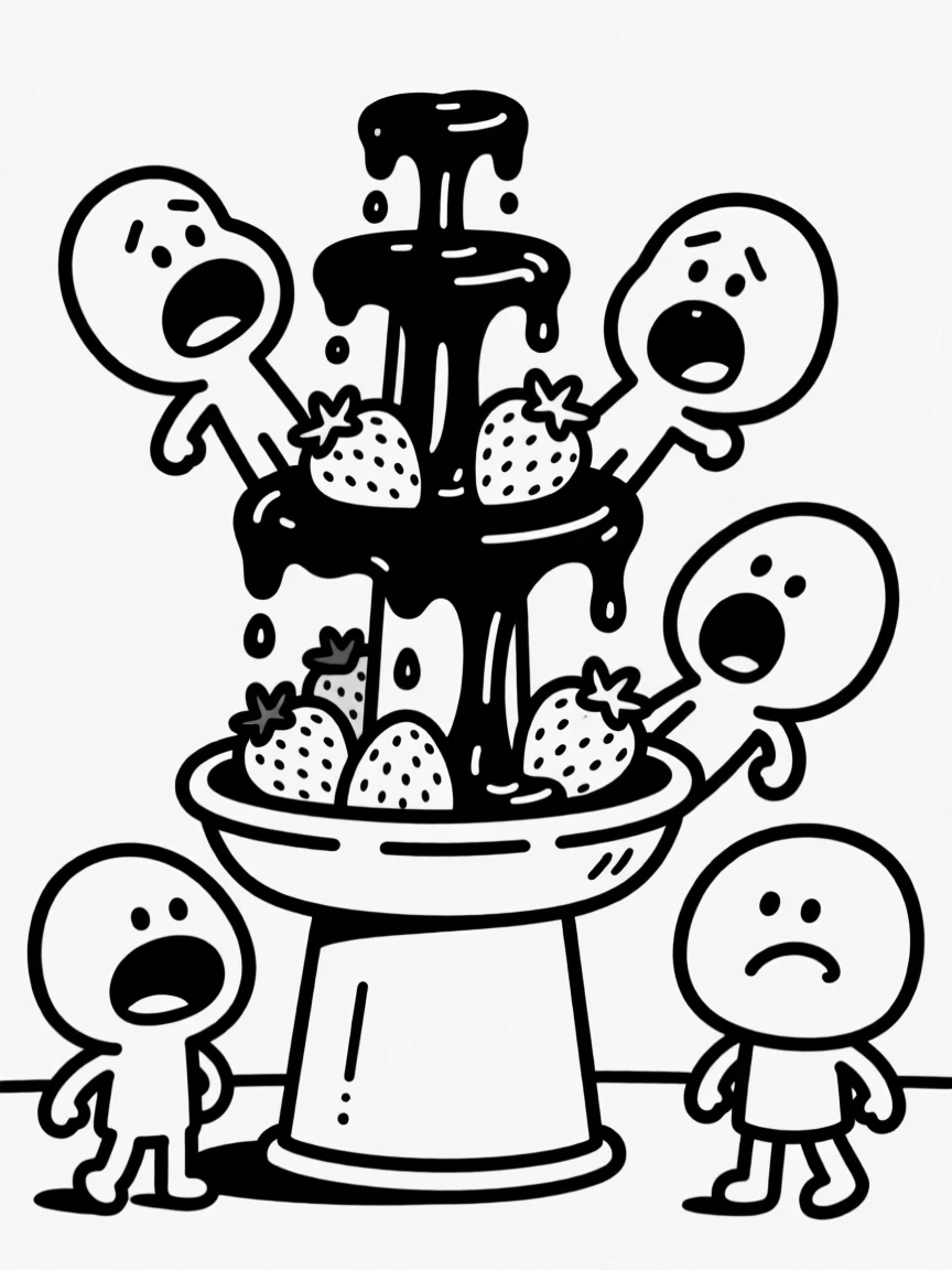 A chocolate fountain cascading over a tower of fresh strawberries.
