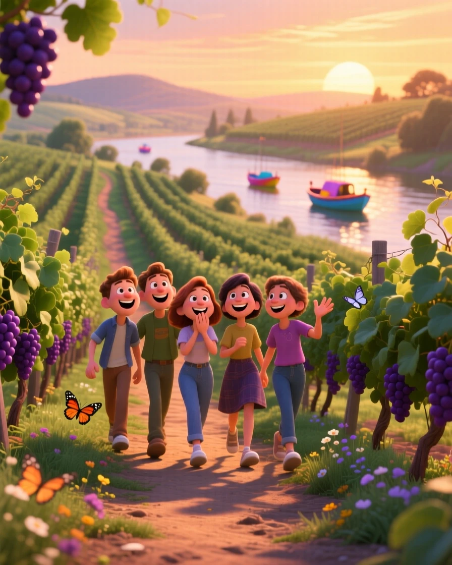 A group of friends laughing together stands in a vineyard with rows stretching into the distance, walking slowly along the quiet path. A warm sense of gratitude and wanderlust colors the moment, with small boats bobbing in the distance.
