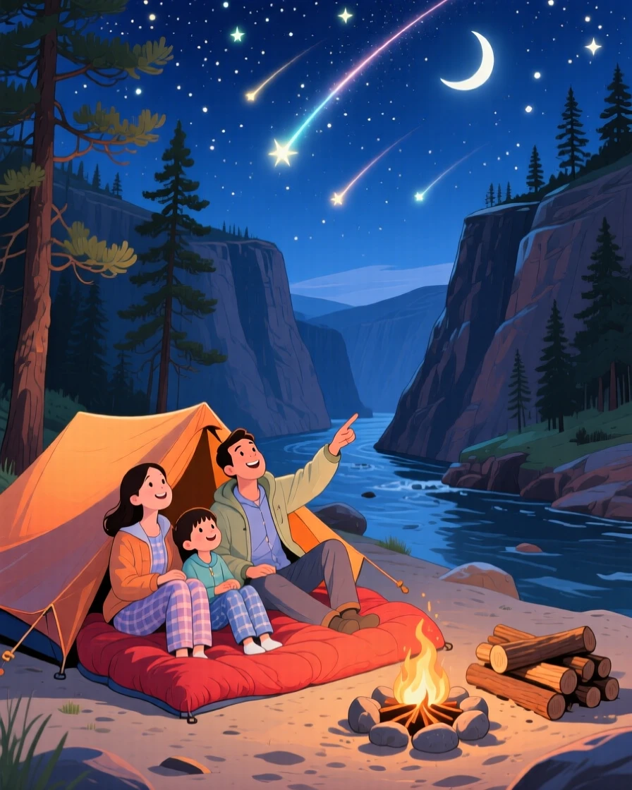 In a canyon carved by an old river, a family of campers is spotting shooting stars from a sleeping bag, with the scent of pine drifting on the wind.