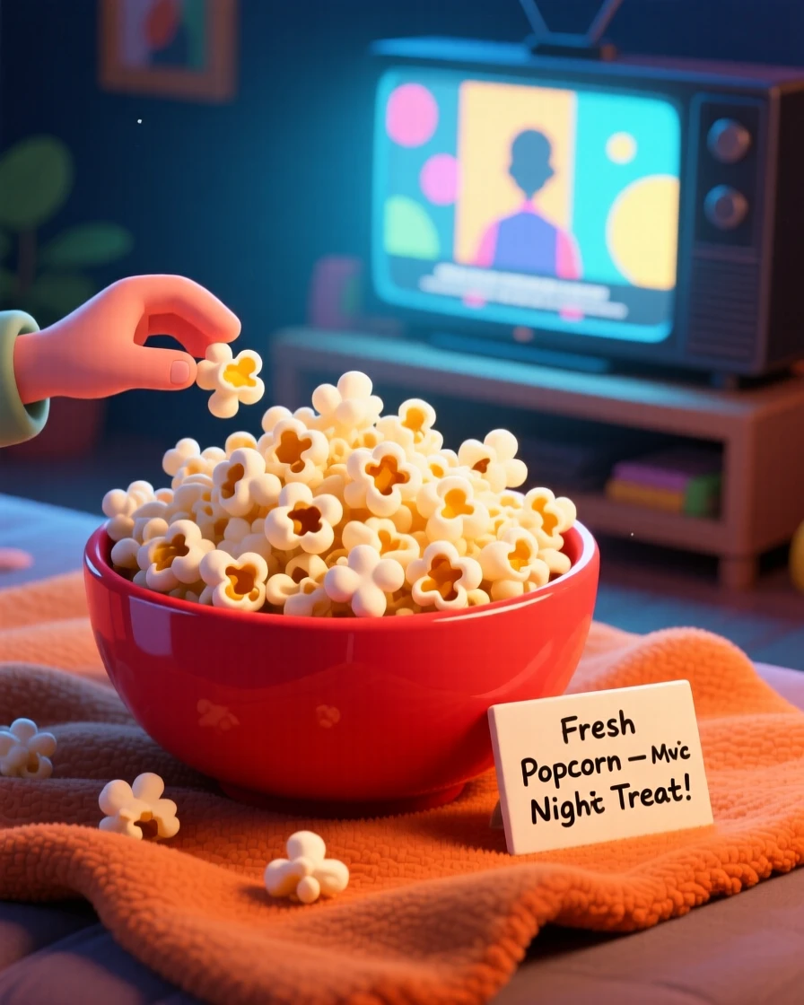 A bowl of fresh popcorn shared during a cozy movie night.