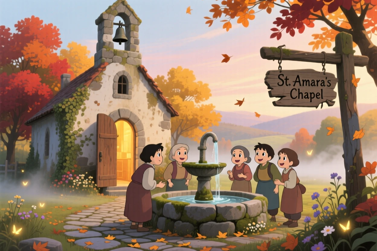 A countryside chapel with a weathered bell tower, with villagers chatting near a well-worn fountain, on a crisp autumn morning.