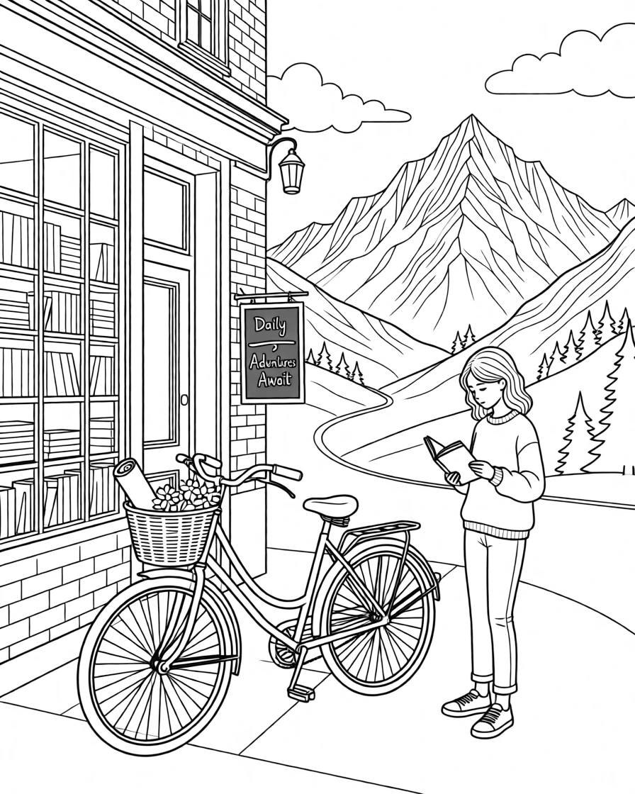 A vintage bicycle parked outside a corner bookstore, with mountains rising dramatically in the background.