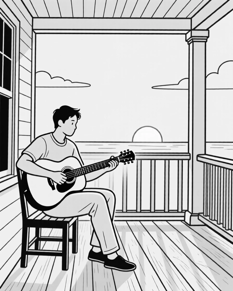 A man playing acoustic guitar on a porch at sunset
