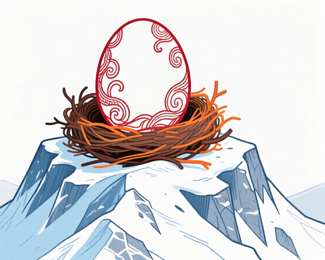 A dragon egg resting in a nest atop a snowy peak.