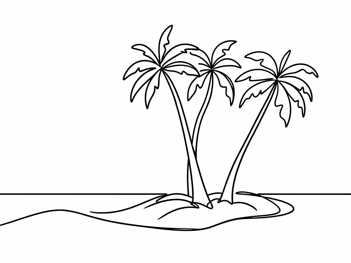 A tropical beach shaded by a row of leaning coconut palms