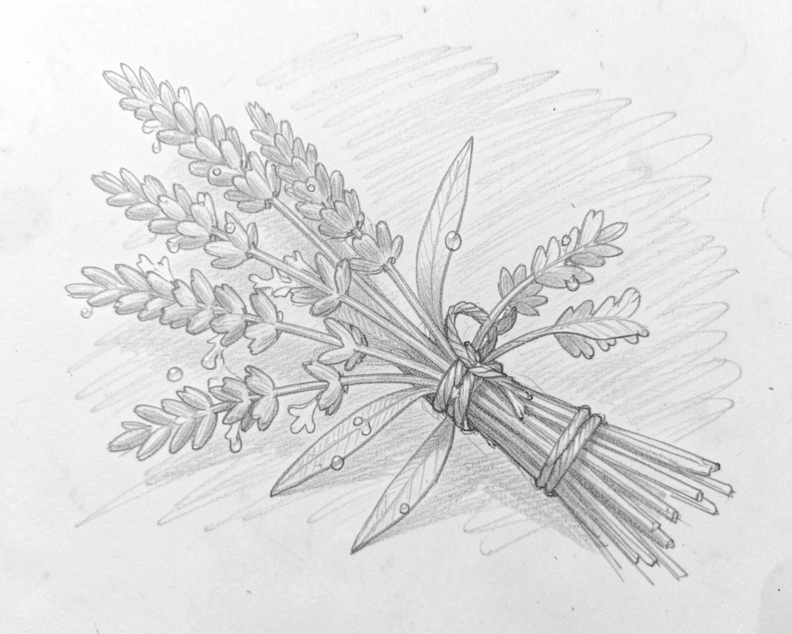 A close-up still life of lavender sprigs tied with twine against a soft pastel backdrop, with dew still fresh from morning.
