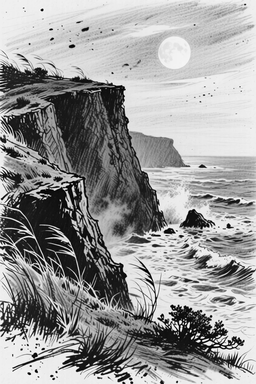A wind-swept coastal cliff under the soft glow of the moon.