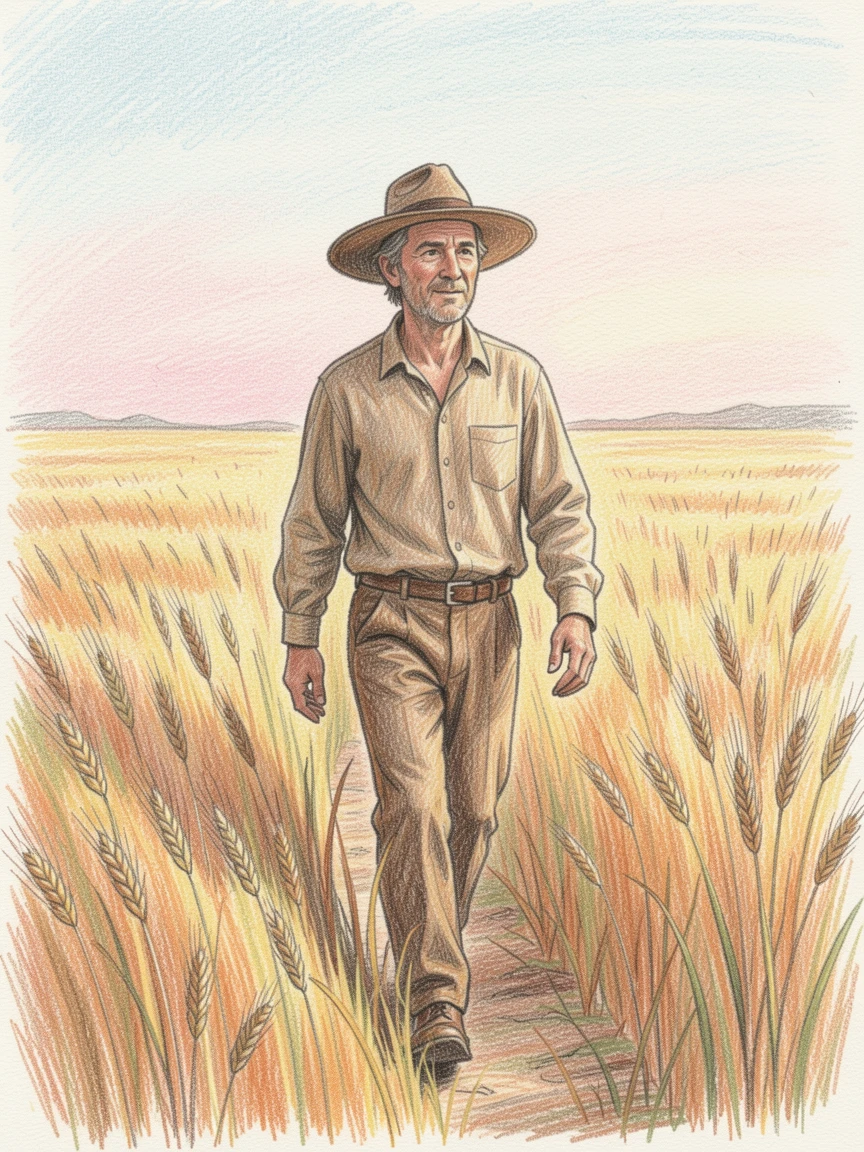 A farmer walking through golden wheat fields at sunrise, captured in a candid, unposed moment full of life, evoking warmth, authenticity, and quiet human connection.