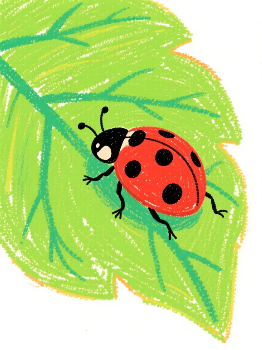 A ladybug crawling along the edge of a bright green leaf.