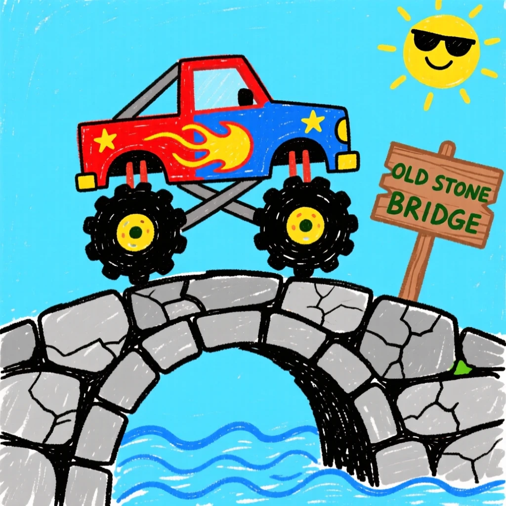 A rugged monster truck crossing an old stone bridge.