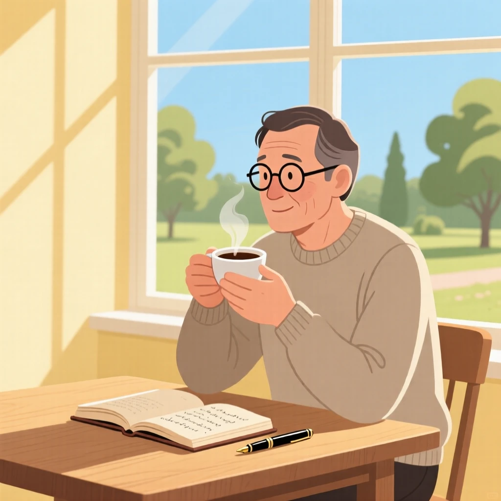 A novelist enjoying a quiet cup of coffee by a window on a sunny morning.