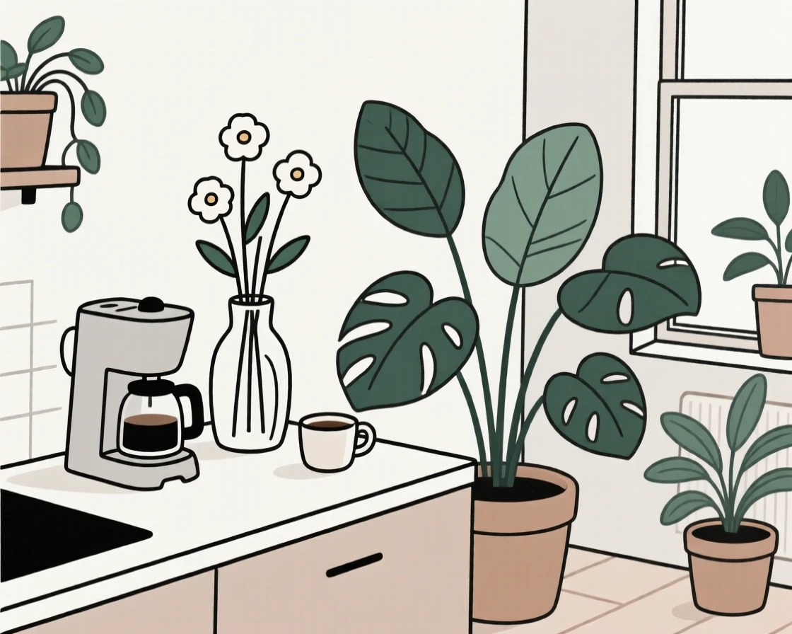 A cozy coffee station filled with fresh cut flowers, set in a plant-filled apartment, evoking restful ease.