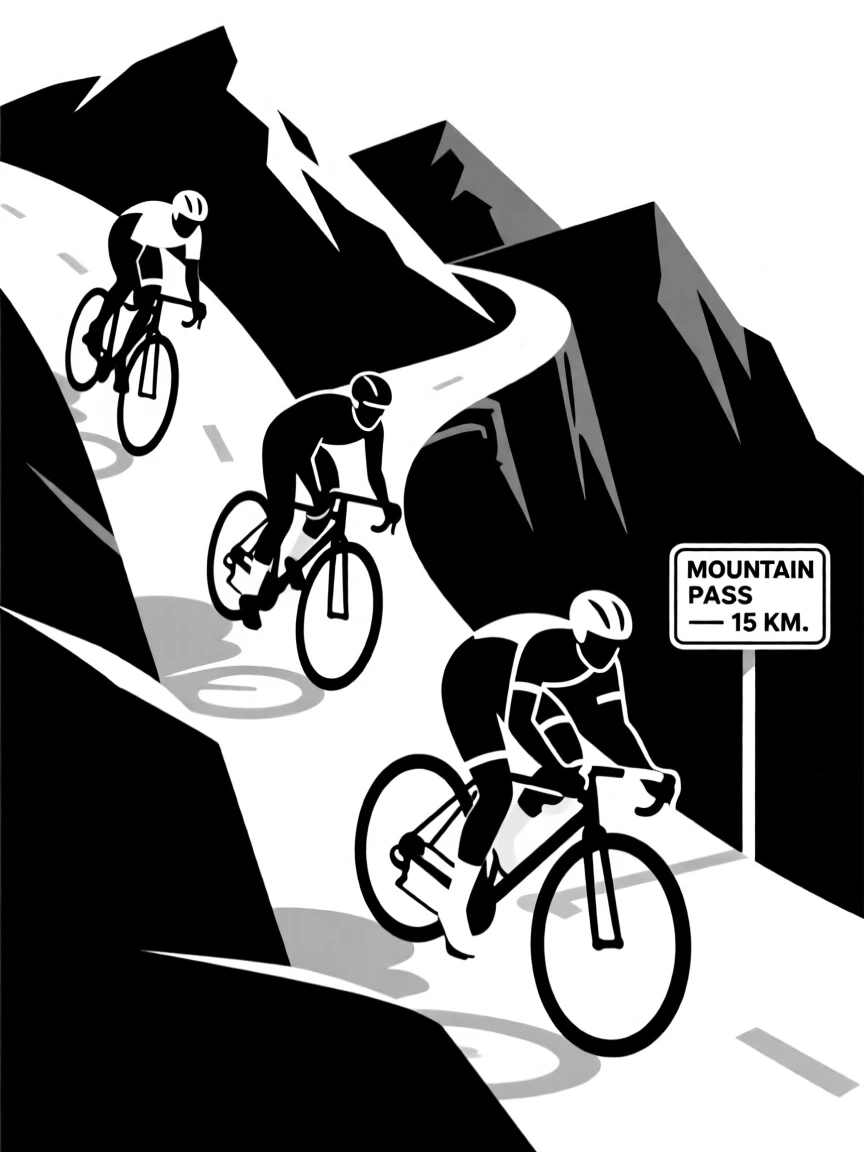 A group of cyclists racing down a mountain road.