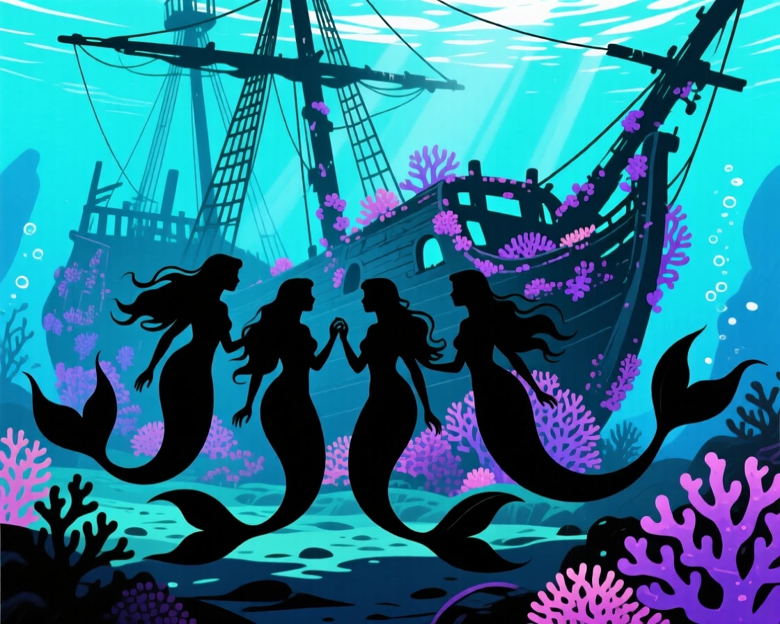 A mermaid pod gathered around a sunken, coral-covered shipwreck.