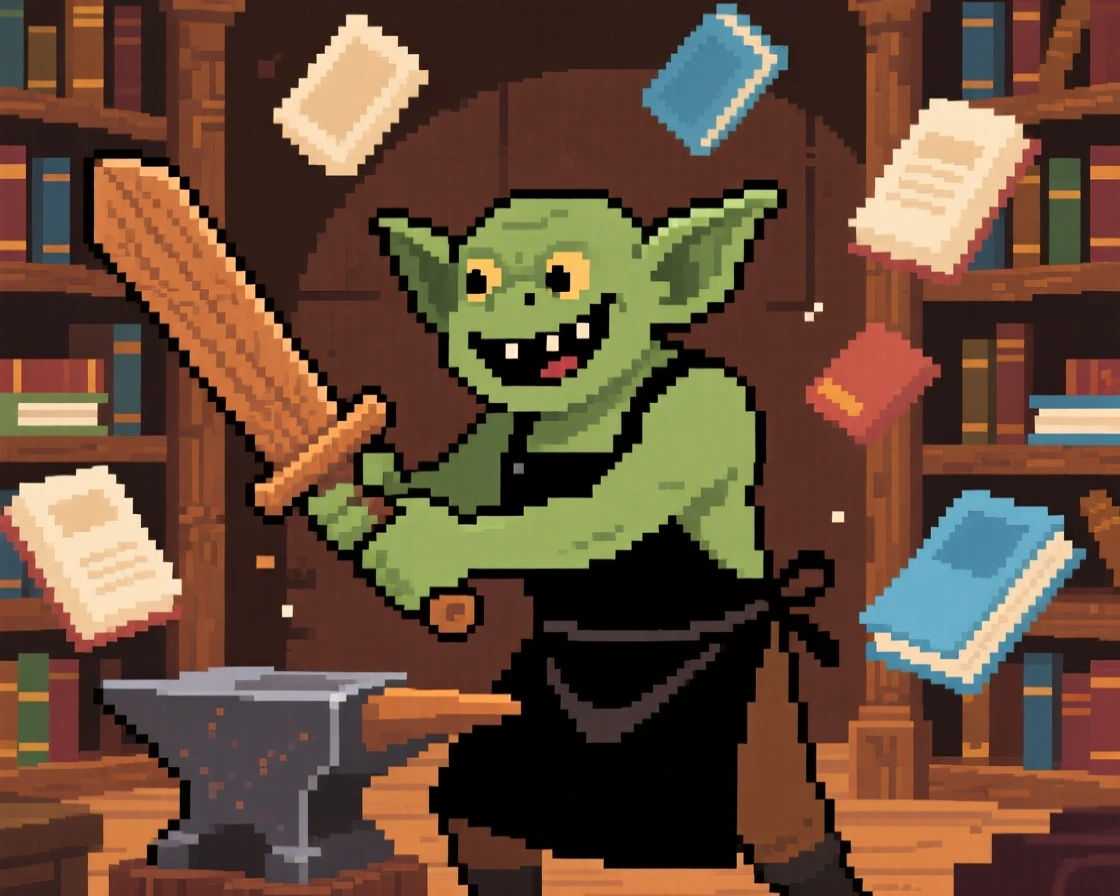 A cheerful goblin blacksmith training with a wooden practice sword, in a library filled with floating books.