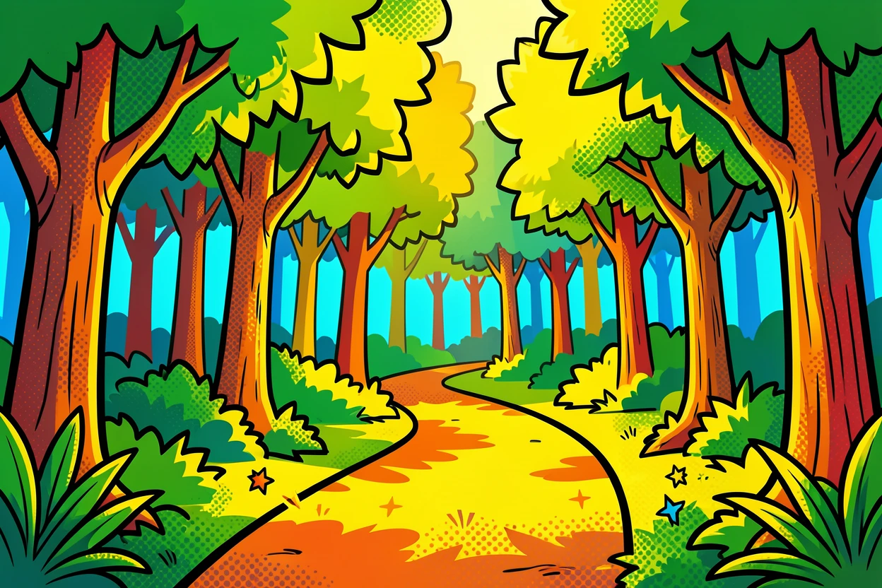 A forest path dappled with morning sunlight