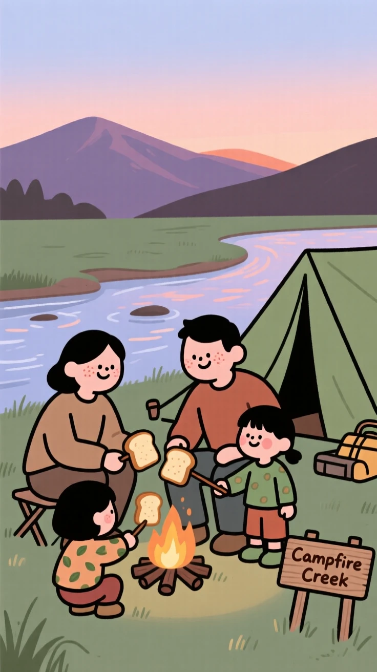 A family sets up camp beside a gentle stream as the evening glow fades behind the mountain ridge, toasting bread on sticks around a small fire.