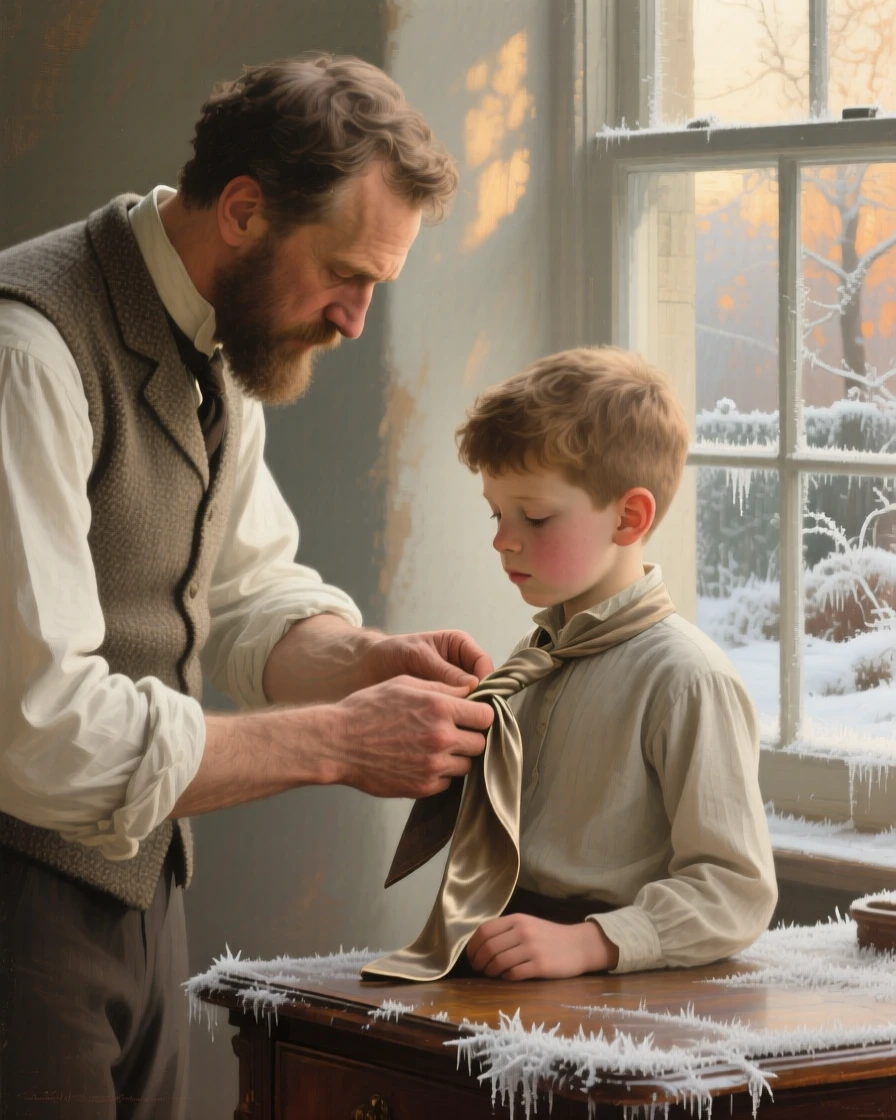An intimate close-up of a father teaching his young son to tie his first necktie, in early morning light, beneath fresh fallen frost.