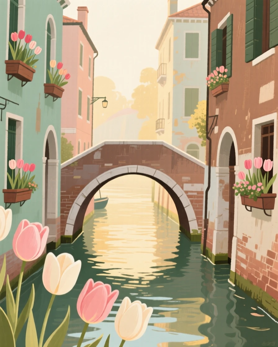 A narrow canal town with arched footbridges and window boxes of tulips