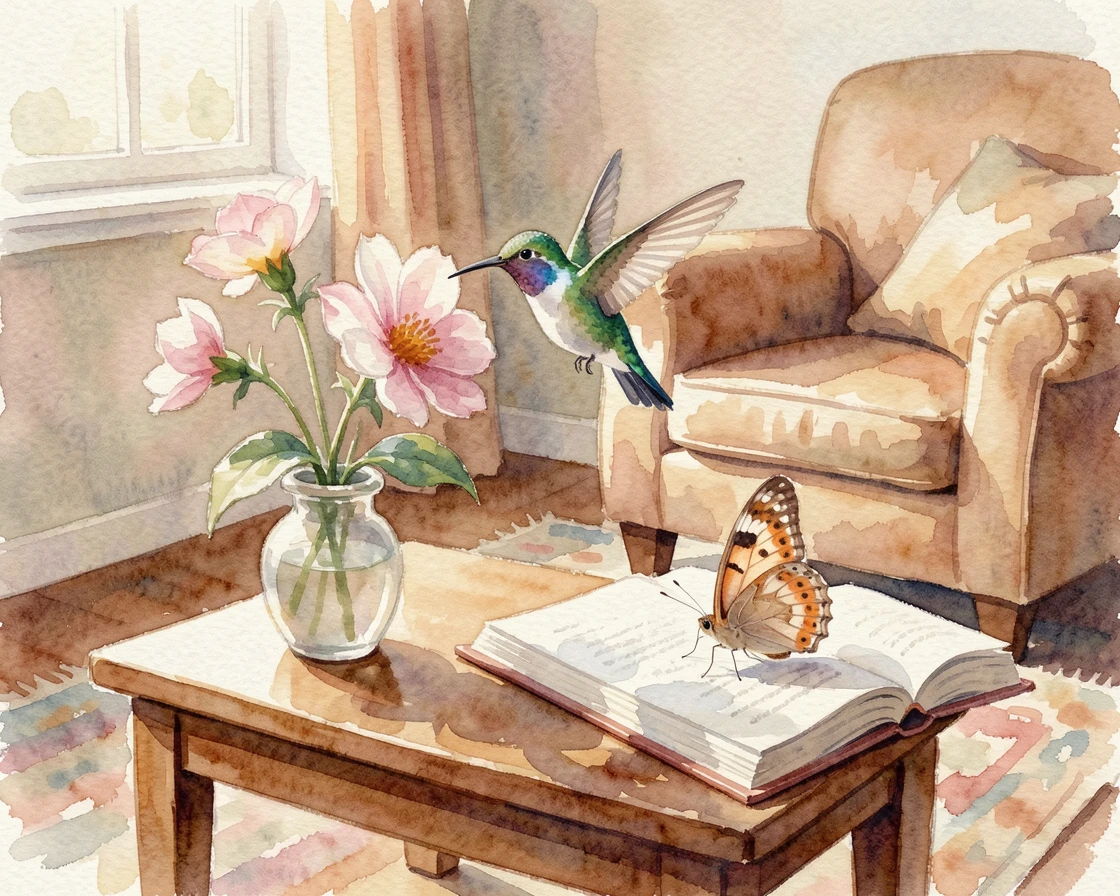 A hummingbird hovering near a flower in a cozy living room with a butterfly resting nearby.