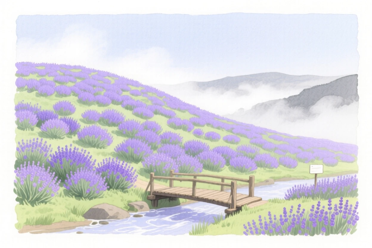 A breathtaking view of a lavender-covered hillside as fog lifts from the valley, with a small wooden bridge crossing a stream