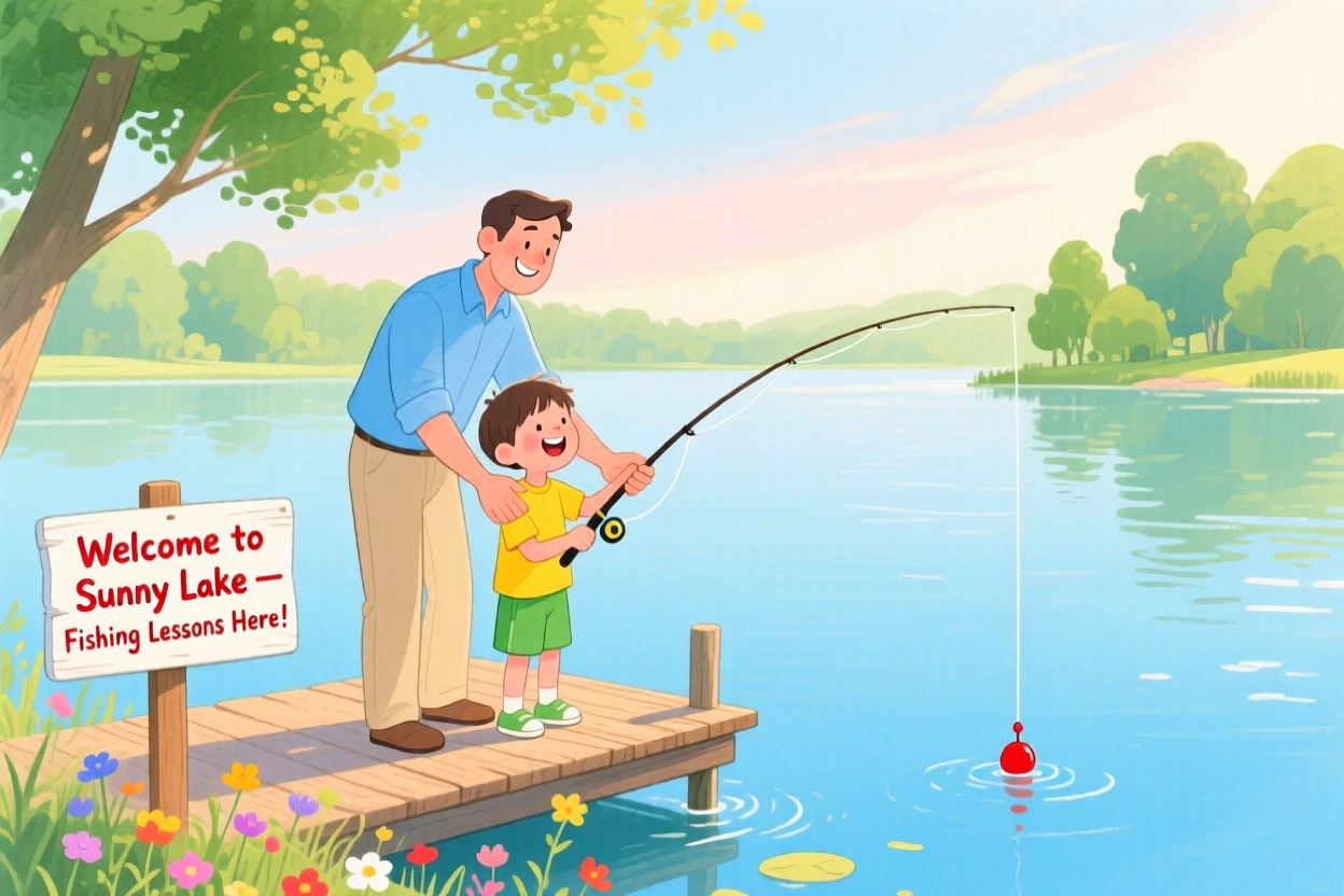 A father teaching his child to fish at a quiet lake, full of warmth and laughter.