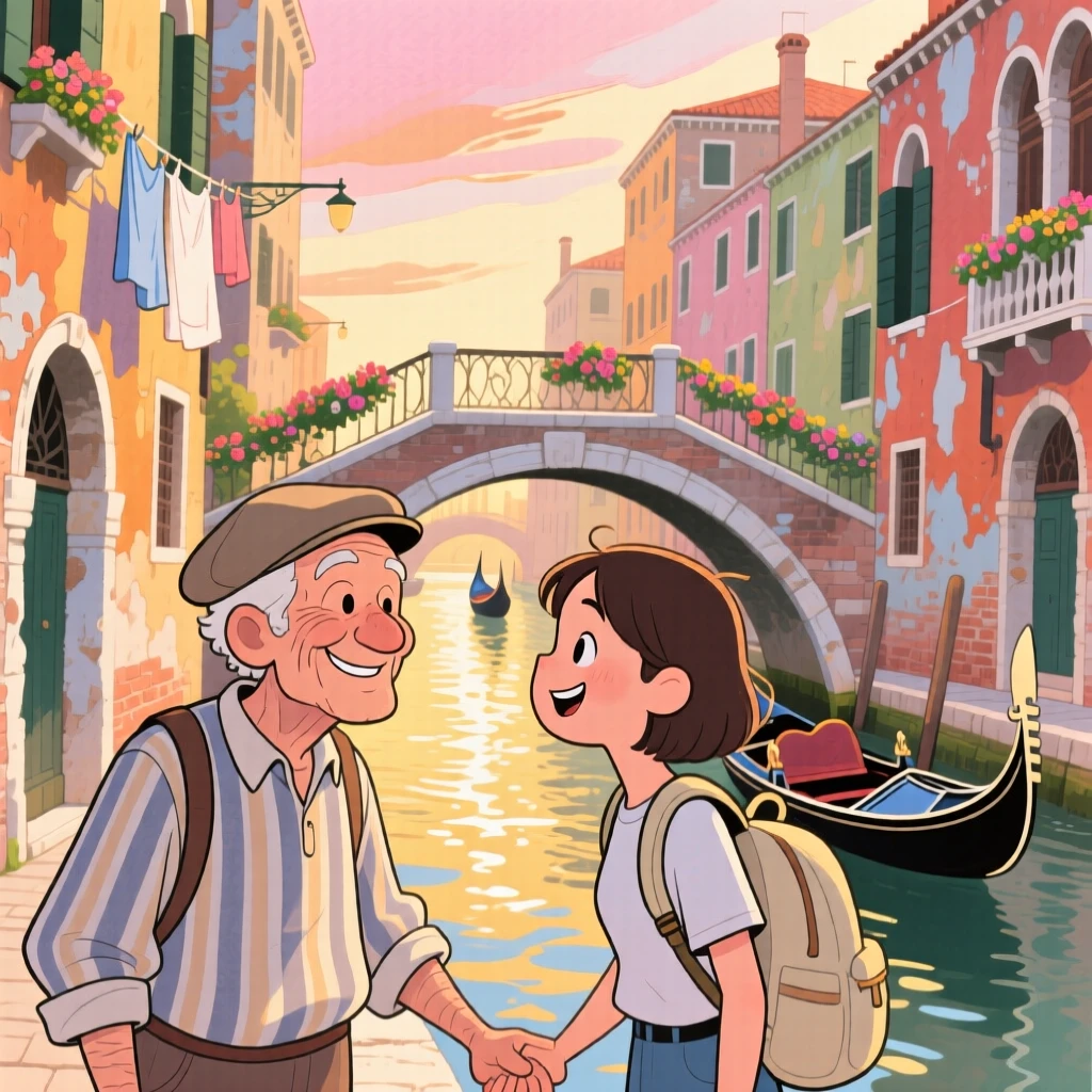 An elderly local shares a warm smile with a passerby amid the winding canals of Venice at golden hour, filled with the romance of travel.