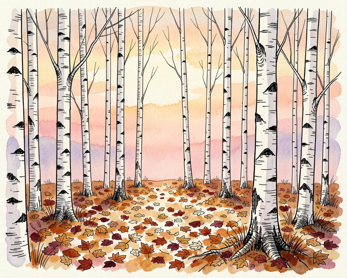 A quiet birch forest with slender white trunks rising from a carpet of fallen leaves, the last rays of sunset painting the sky in warm color.