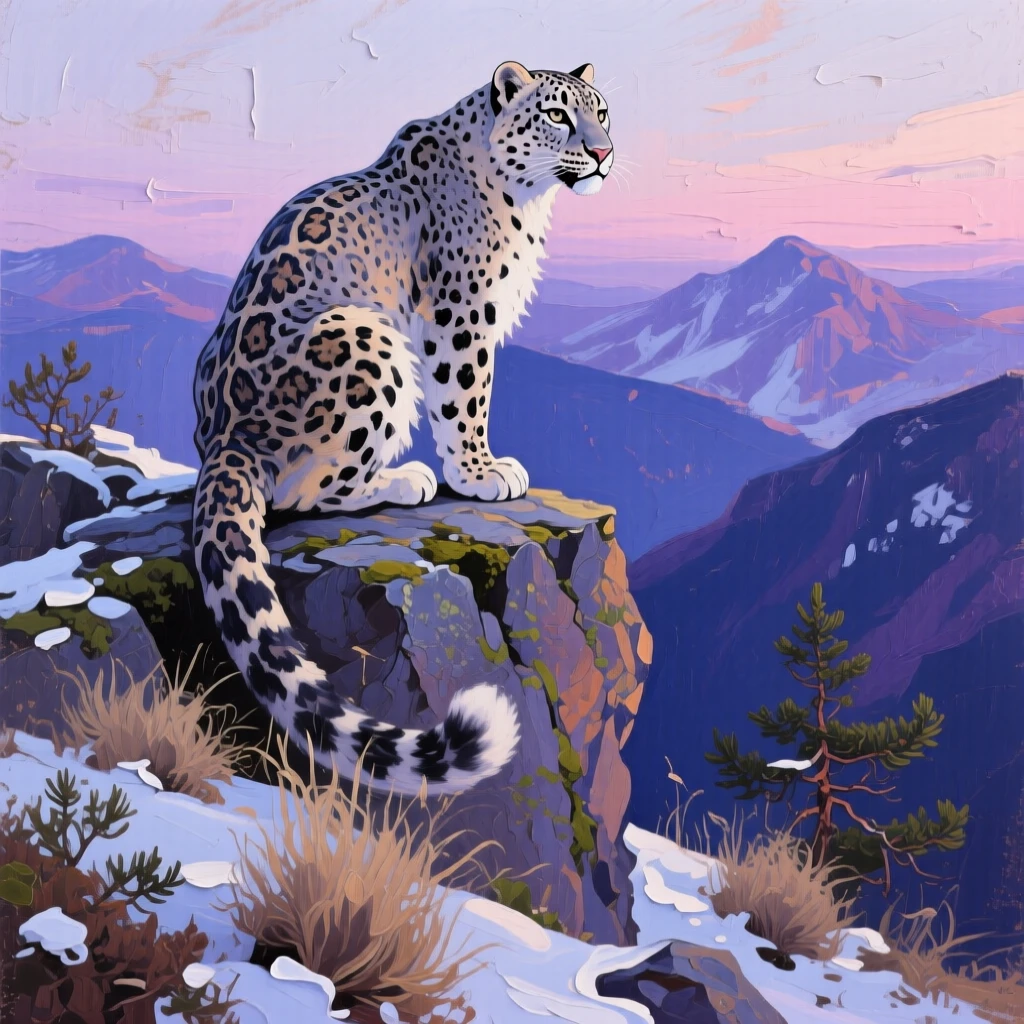a snow leopard watching from a high ledge, in quiet evening light, with a clear foreground, subject, and distant setting.