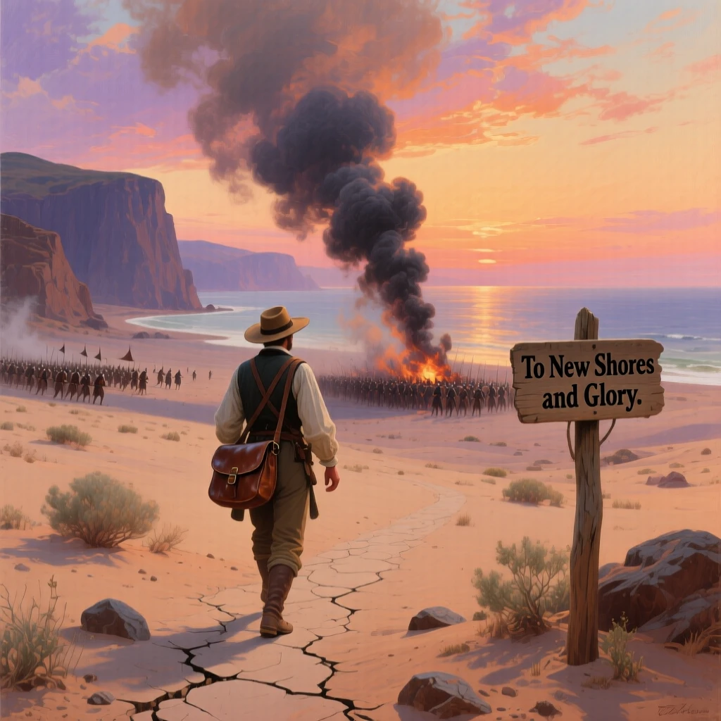 An explorer crosses the desert toward a newly discovered shore amid the smoke of battle.