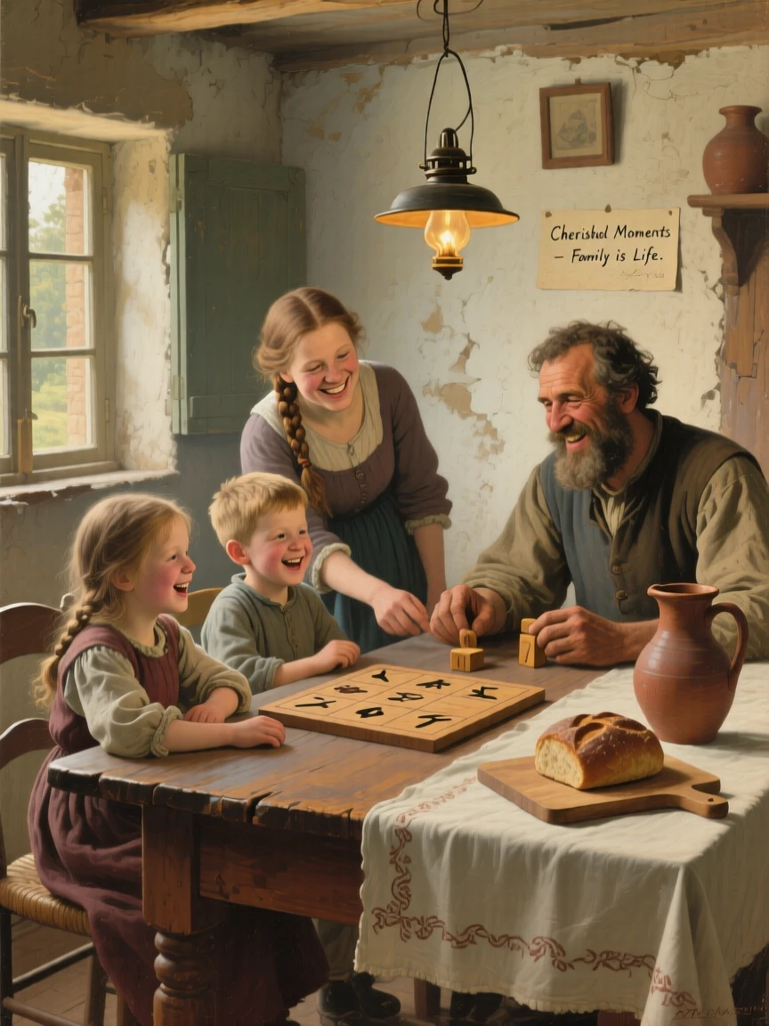 A family sharing a laugh over a board game at the dining table, as laughter and genuine joy fill the entire scene, designed to remind viewers of their own cherished family memories