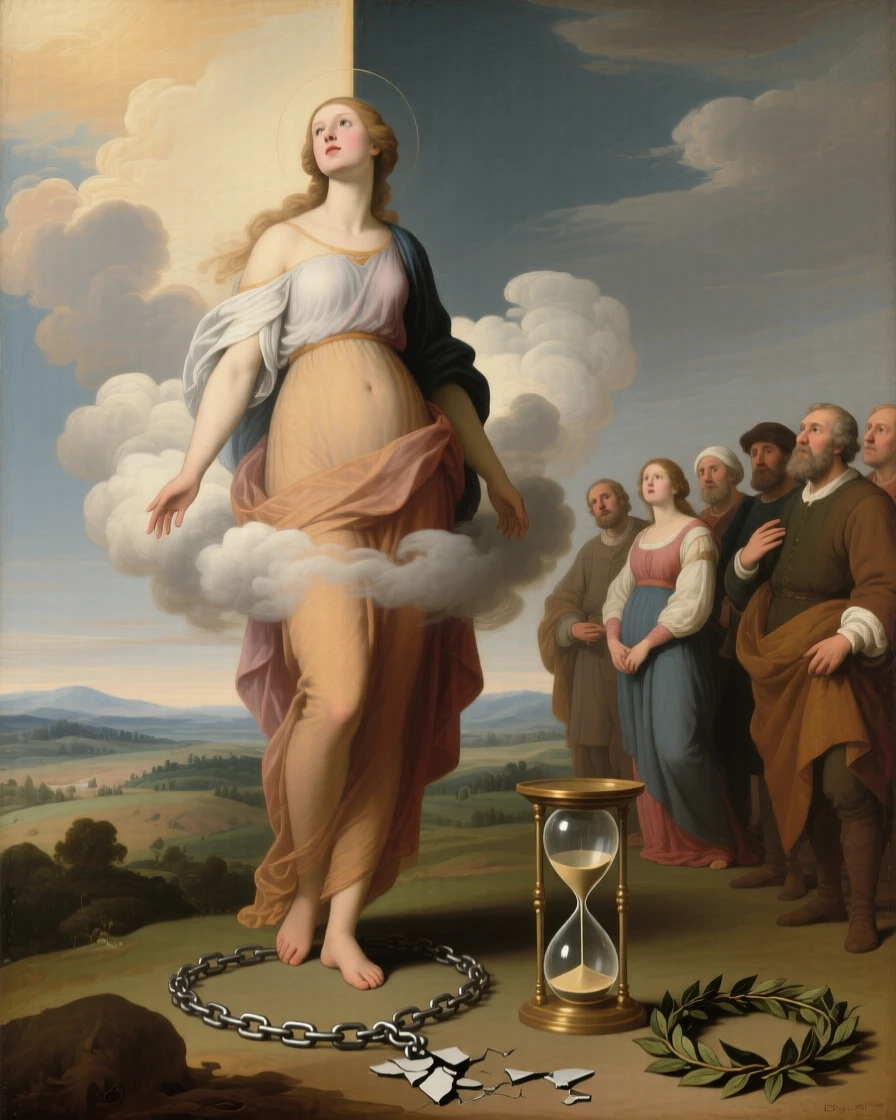 Truth unveiled before a gathering of startled onlookers at the threshold between the mortal and the eternal, set amid swirling clouds suspended between earth and sky, with symbolic objects such as a broken chain, an hourglass, or a laurel wreath placed with quiet intention; contrasting light and shadow divide the canvas into meaningful halves, suggesting hope, transformation, and the endurance of the human spirit.