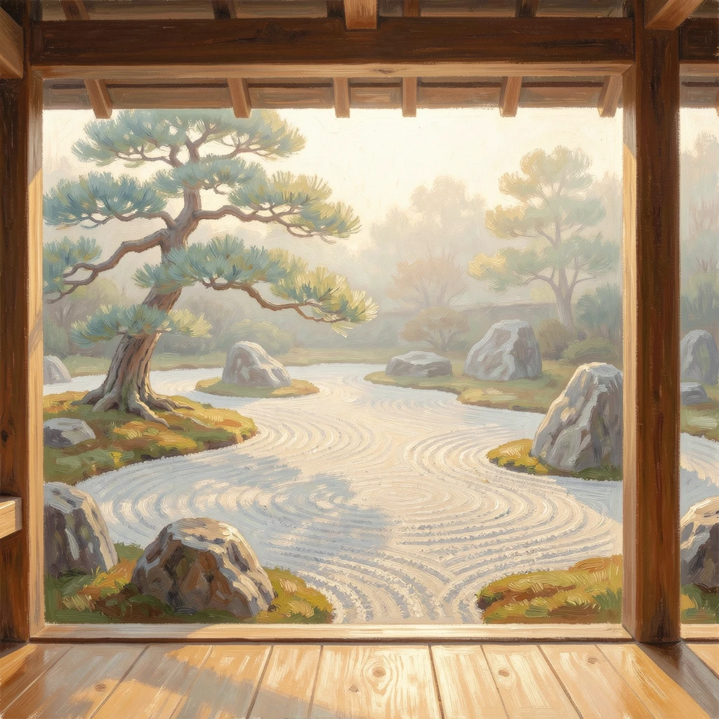 A tranquil Zen rock garden framed by a wooden veranda and a single ancient pine tree.