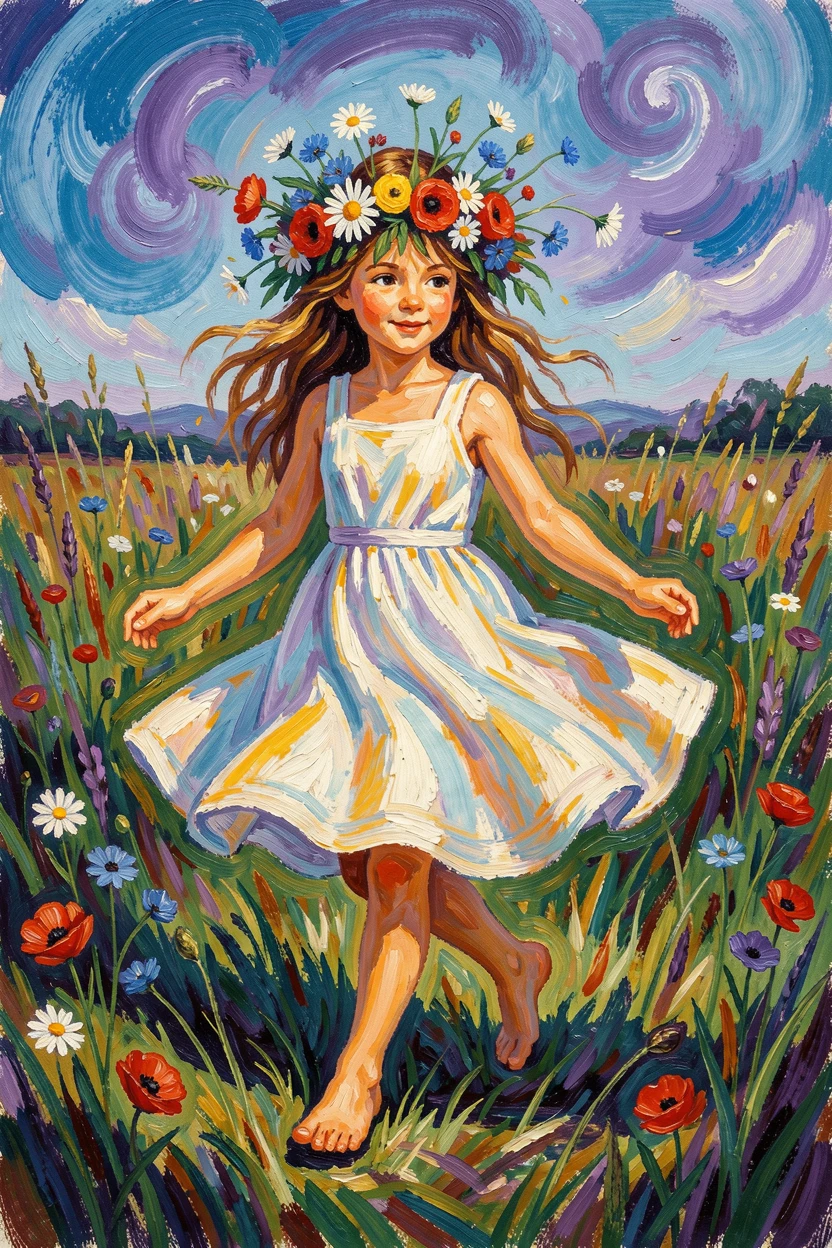 A young girl with a wildflower crown twirling barefoot through a meadow.