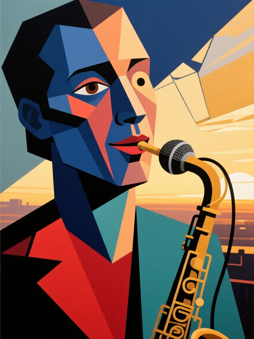 A medium shot portrait of a jazz singer at dawn before the day's work begins, focused and content in the craft.