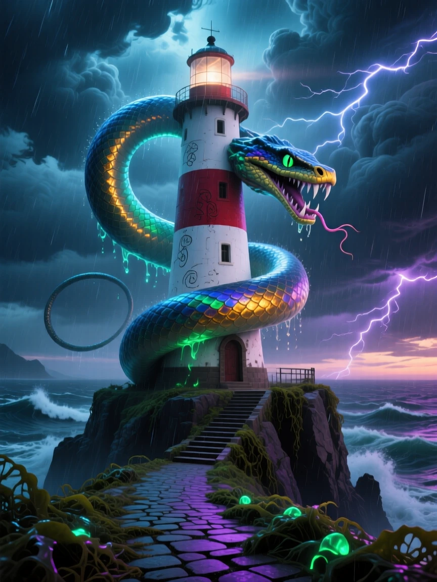 A sea serpent coiling gracefully around a lighthouse in a storm guards a hidden path that few have ever found, while the surrounding air shimmers faintly with old magic.