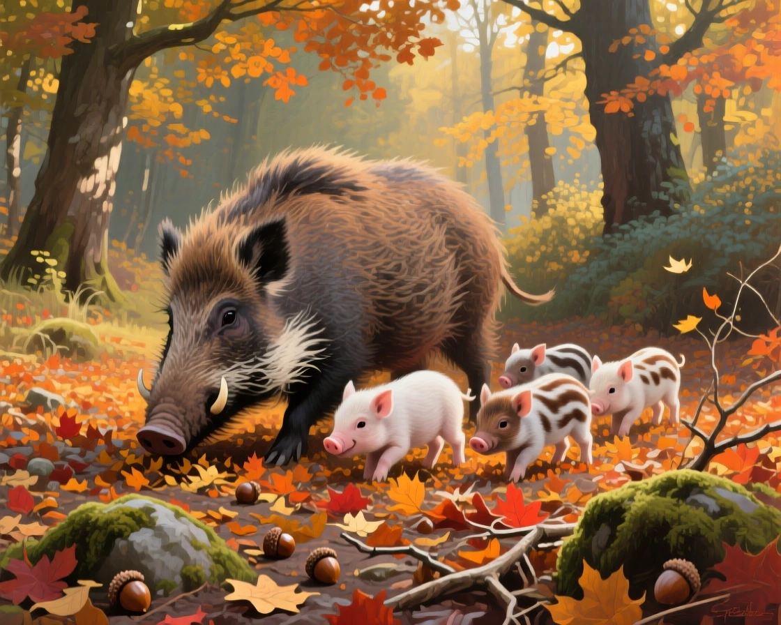 A wild boar family forages through fallen leaves in a European forest, piglets with distinctive stripes following closely behind their mother, small details in its fur or feathers catching the light with remarkable clarity.