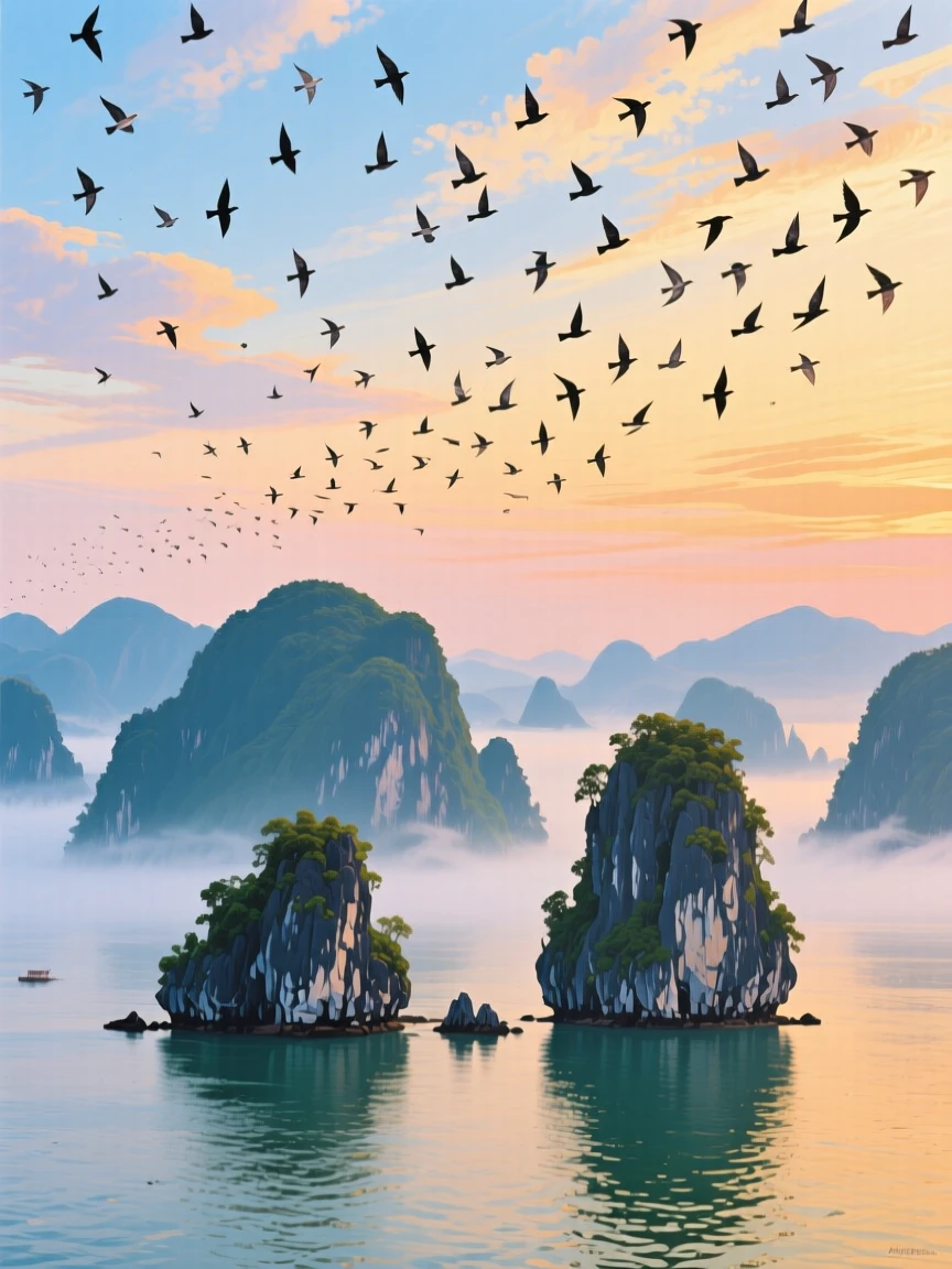 Ha Long Bay's limestone islands emerging from morning fog, beneath a sky full of migrating birds, flocks of birds wheeling overhead
