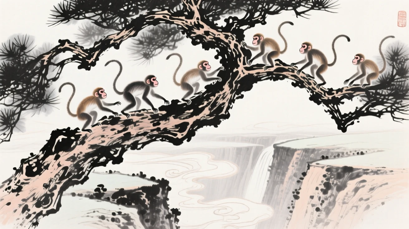 A troop of monkeys climbs among the branches of a gnarled pine, as clouds drift through the gorge below.