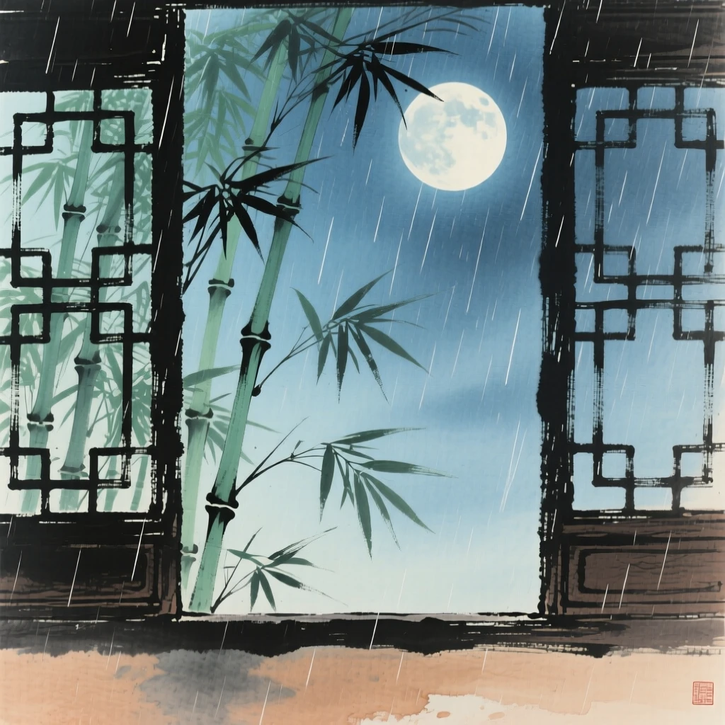Moonlight falling softly through a bamboo lattice window, just after a rain shower, under clearing skies after a storm.