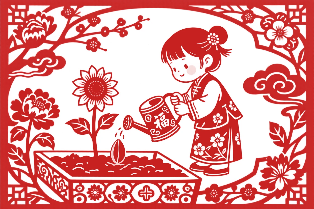 A little girl planting a single sunflower seed in a garden bed, watering can in hand and hope on her face