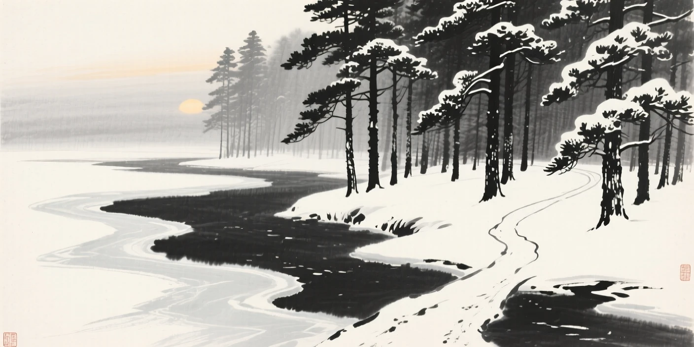 A snow-dusted pine forest along a frozen riverbank at first light, when the world is still hushed and grey, captured from a narrow path winding into the depth of the scene, evoking a deep sense of solitude and quiet grandeur.