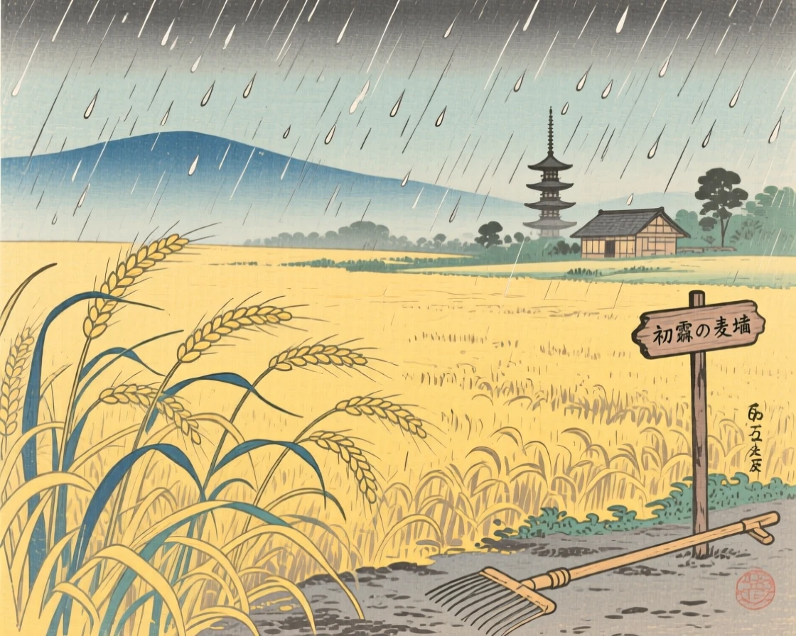 A golden wheat field swaying in the wind as gentle rain begins to fall.