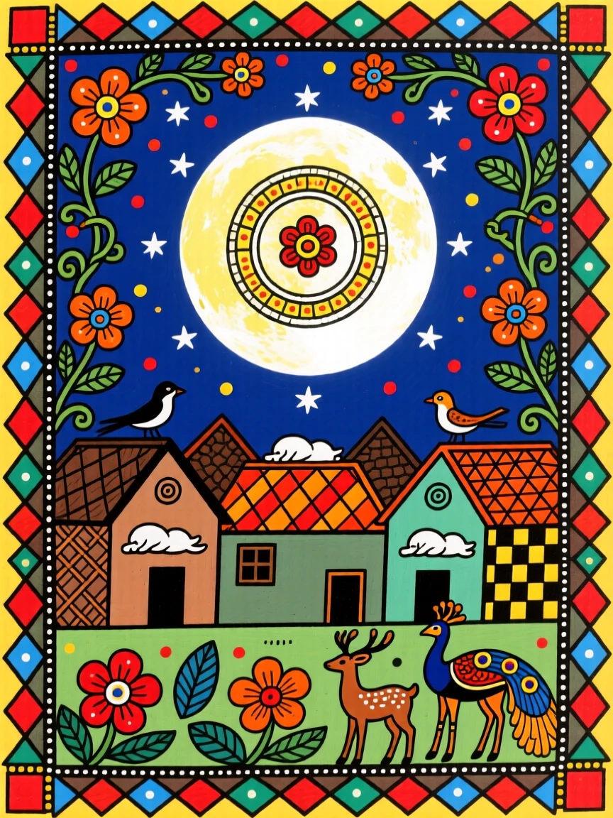 The full moon rising over a quiet village of sleeping rooftops.