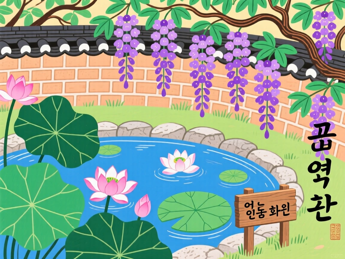 A walled garden with a lotus pond surrounded by blooming wisteria.